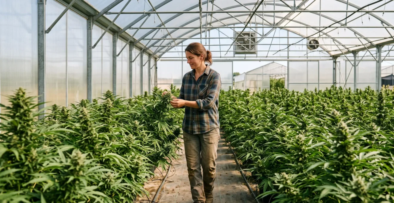 Plants de chanvre CBD cultivés en serre avec producteur inspectant la croissance sous structure de greenhouse