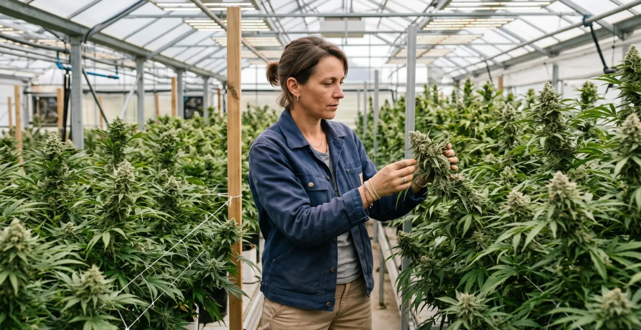 Producteur de chanvre inspectant des plants de CBD en fleurs dans une installation de culture professionnelle