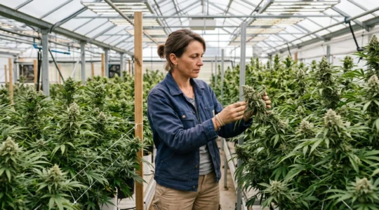 Producteur de chanvre inspectant des plants de CBD en fleurs dans une installation de culture professionnelle